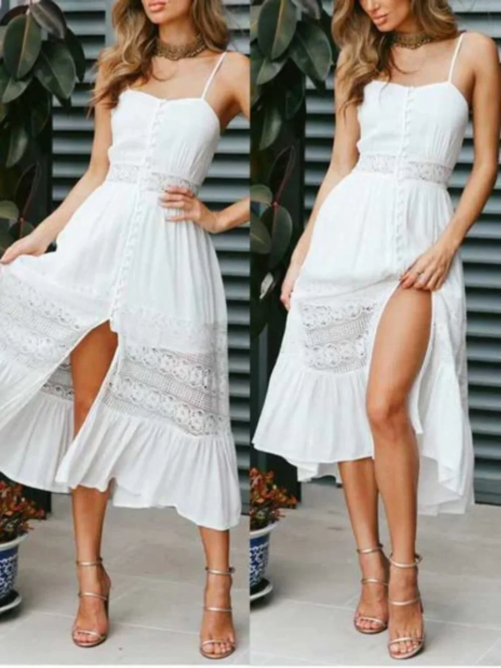 Elegant Eyelet Lace Tie Knot Back Sleeveless Button up Midi Dress - Picture 5 of 16